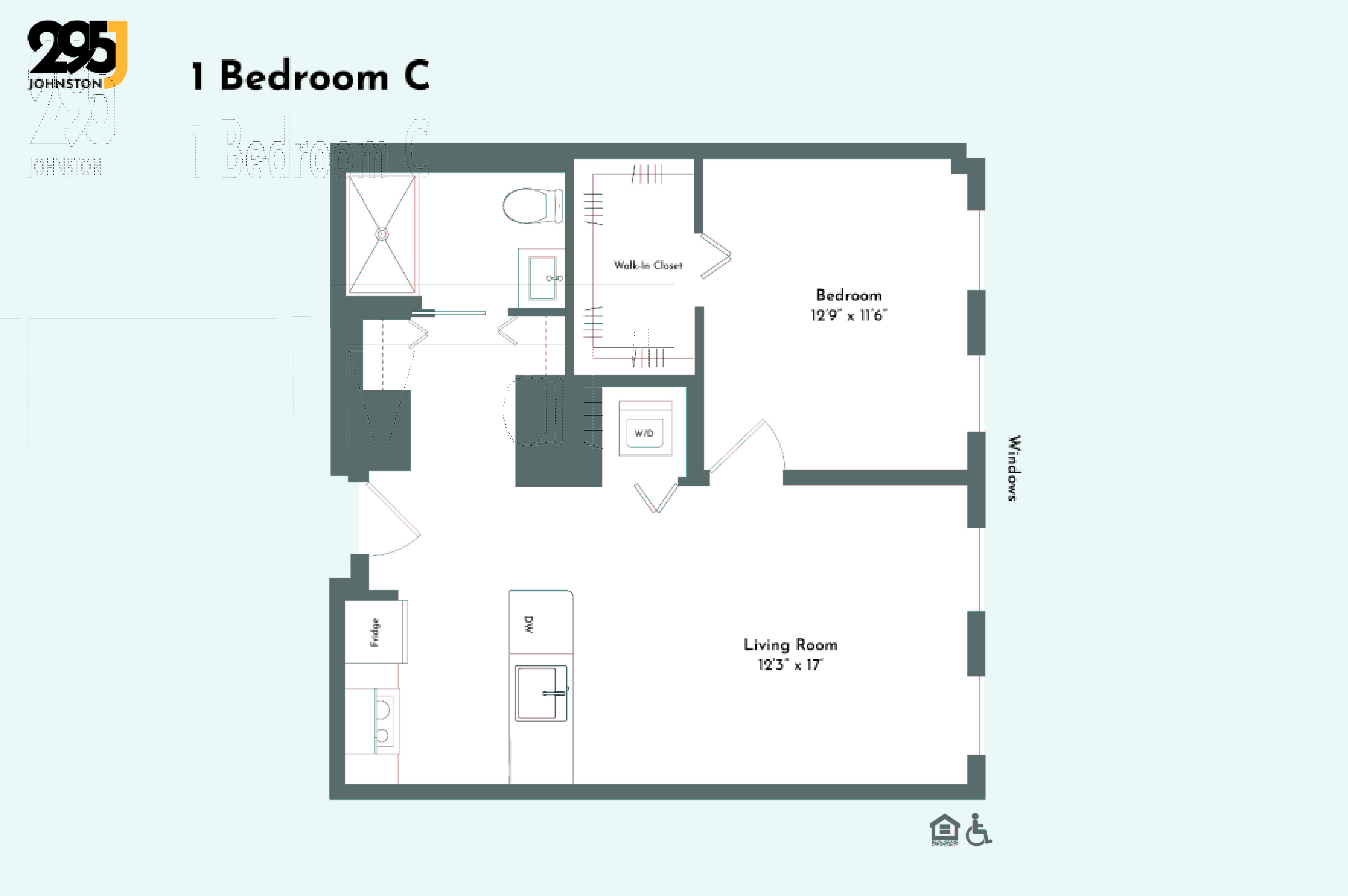 Floor plan for 1 bed, 1 bath, 674 sqft